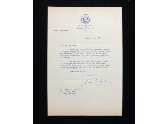 Nelson Rockefeller Signed Letter