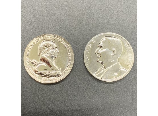 Two Presidential Medal Silver Coins Buren & Harding
