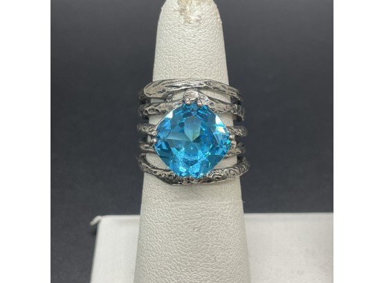 Brutalist Blue Stone Cushion Cut Sterling Silver Statement Ring Size 7