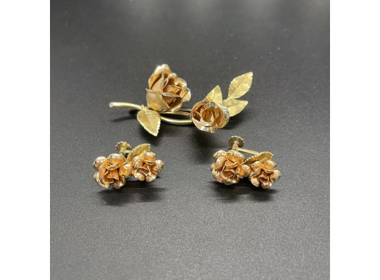 Vintage 3 Piece Gold Fill GF Rose Set Earrings And Pin
