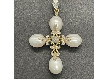 14k Gold Pearl Cross Pendant