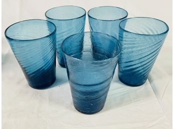 Antique Mexican Blown Glass Blue Water Glasses Lot Of 5
