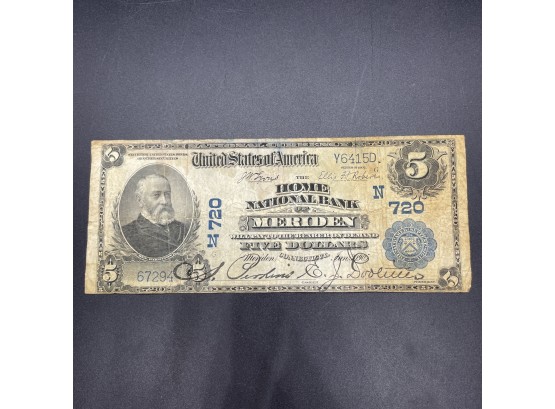 1902 $5 Blue Seal National Bank Note The Home National Bank Of Meriden