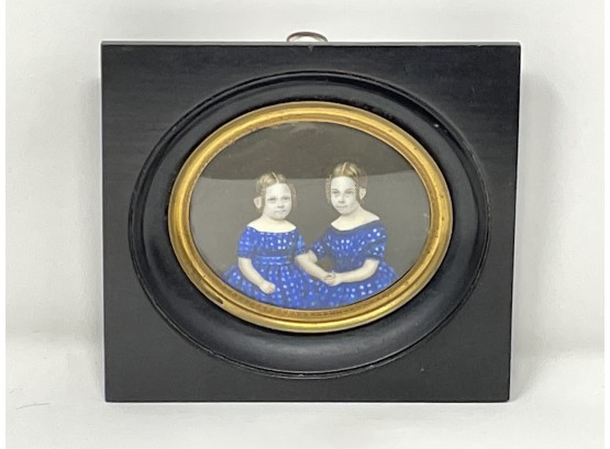 Circa 1820 Miniature Double Portrait In Ebonized Molded Frame With Brass Liner
