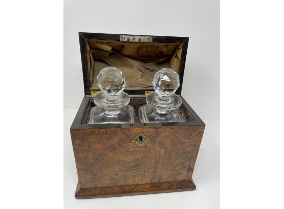 Gothic Revival Burlwood Box With Crystal Decanters Circa