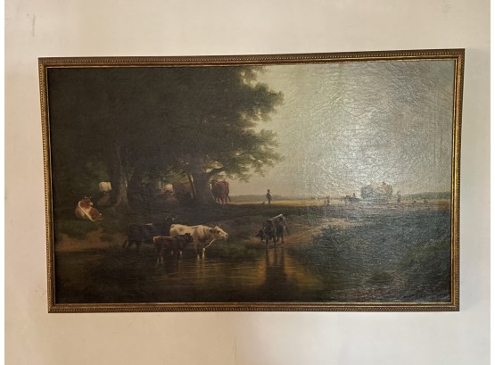 Late 19th Century Oil On Canvas Signed H. Parker Cattle Scene With Farmers Gathering Hay
