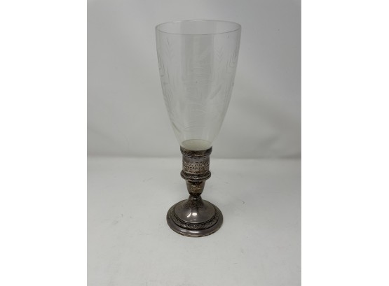 Sterling Weighted Candlestick With Wheat Etched Glass Shade