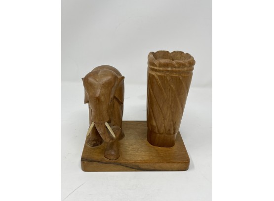 Vintage Carved Elephant And Vase