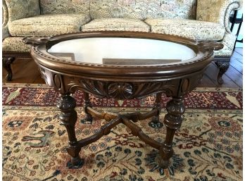 Antique Mahogany Carved Coffee Table With Removable Glass Tray Top - Excellent Condition