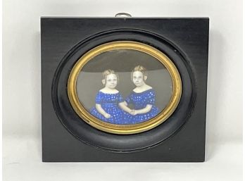 Circa 1820 Miniature Double Portrait In Ebonized Molded Frame With Brass Liner