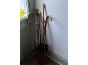 Copper Umbrella Stand Holder With Antique Wooden Canes