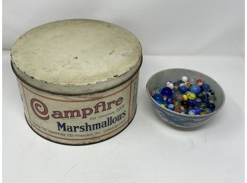 Antique Marshmallow Campfire Tin And Marbles Lot