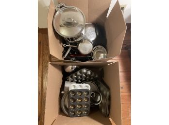 Everything But The Kitchen Sink Lot - Including Two Large Boxes Of Kitchenware, Pots Pans Etc