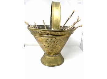 Antique Brass Fireplace Bucket With Carved Floral Accents