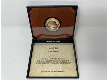 Gold $25 Proof Edition Cayman Islands Commemorative Queen Elizabeth Wedding Coin