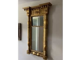 Circa 1825 American Sheraton Gilt Two Part Mirror With Molded Cornice Hung With Acorn Form Pendants