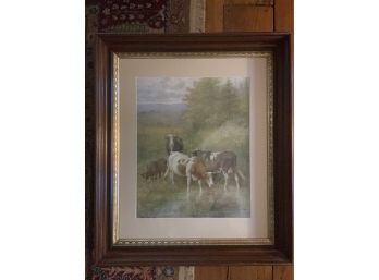Antique Print Of Cows In Field - Walnut  Framed