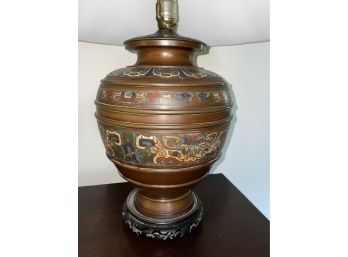 Late 19th Century Chinese Bronze Bulbous Form Vase With Enamel Decoration Mounted As Lamp
