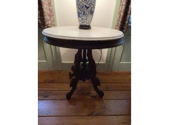 Circa 1870 American Victorian Walnut Oval Parlor Table With Molded White Marble Top