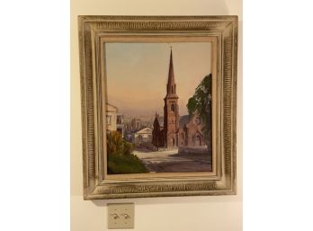 Oil On Canvas Signed Roger Dennis (local) Scene Of St. James Church, New London