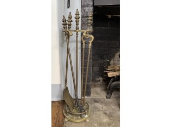 Antique Brass Fireplace Tool Set And Holder