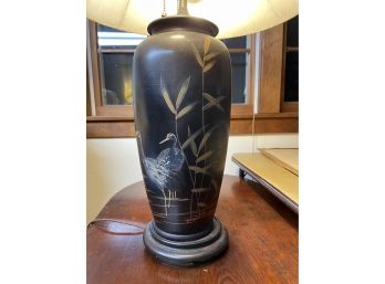 Late 19th Century Japanese Porcelain Tapered Cylindrical Vase With Brown Glaze And Birds Lamp