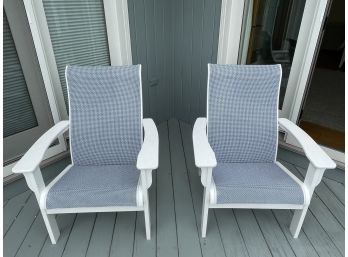 Pair Of White And Blue Mesh Polymer Deck Chairs