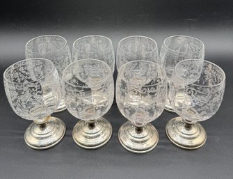 Set Of 8 Sheffield Silver Etched Glass And Sterling Silver Cocktail Glasses