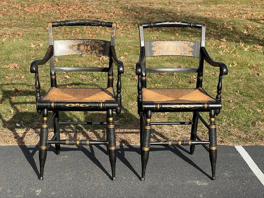 Pair Of Antique Hitchcock Black Harvest Rush Seat Windsor Chairs