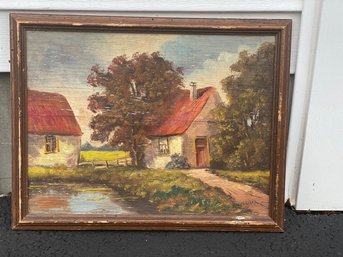 Antique Oil On Board Country Cottage Painting Signed By Artist