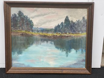 Vintage Oil On Canvas Lake Shore Painting Signed D. Stutts