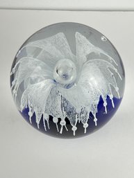 Blown Glass Paperweight Blue And White Flower