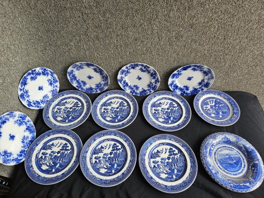 B64 - Blue Willow & Flow Blue Plates Lot #2 - 9' & 10' - LOCAL PICKUP ONLY