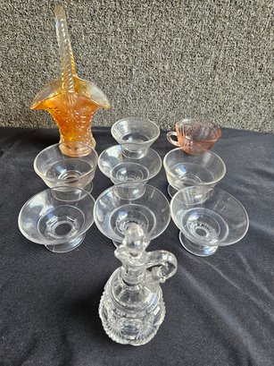 B321 - Amber Carnival Glass Wedding Basket And Desert Cups - 4'x2' To 6'x10' - LOCAL PICKUP ONLY