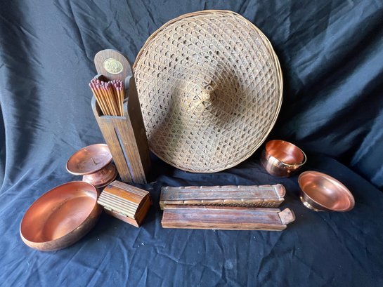 P204 Bamboo Hat Incense Wood Burner Brass Bowls