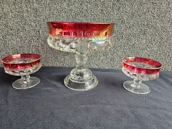 B115 - Cranberry Glass Center Piece With 2 Candle Holders - 3'x4' & 7' X 7' - LOCAL PICKUP ONLY