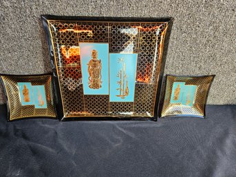 B153 - Three Asian Style Glass Trays - 2 Sizes - 12' X12' & 5.5' X 5.5' - LOCAL PICKUP ONLY
