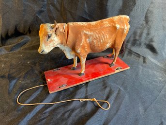 A121 Very Rare German Flocked Coat Cow Pull Toy 13'