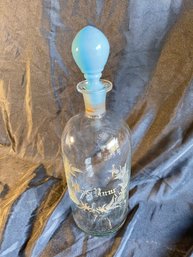 A127early 1900's Etched Glass Bay Rum Bottle 14' With Blue Glass Stopper