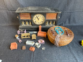 J49 Clock, Pine Needle Basket,  And Doll House Furniture  - LOCAL PICKUP ONLY