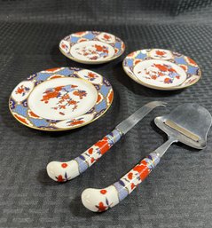 H36 (3) Spode Shima Saucers W/knife And Cheese Cutter