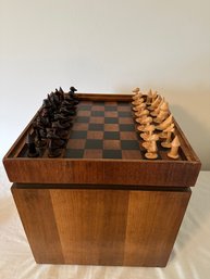 B2 Vintage Chess Board W/carved Wood Pieces/game Storage & Seat Combo 16' X 16'x 16'H