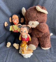 J291A Three Stuffed Animals, Lion King Music Box, Mickey Mouse Squeaky Toy Works!