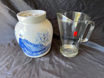 P79 Crock Cookie Jar And Glass Pitcher
