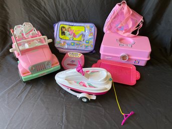 P86 Barbie Car, Boat/cd Player And Makeup Case