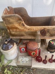 G8 Wood Cradle, Tobacco Tins, Ceramic Whiskey Jug
