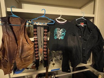 J48 - Leather Biker Vest Small, Harley Suspenders, Sturgis Kids Tee, Black Denim Jacket Medium  4pc