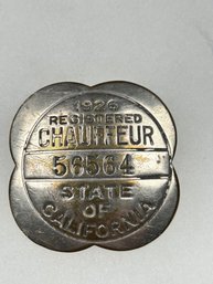 A33 California Chauffeur Badge 1926 #56564 Missing Pin