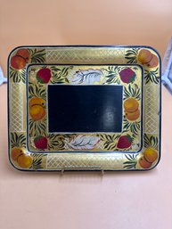 This Is A 1950s To 1960s Hand Painted Toleware Tin Tray With A Fun Fruits Motif In Gold, Red, Orange And White
