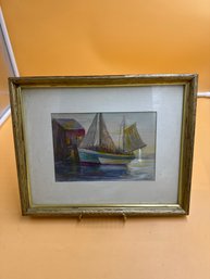 A Watercolor Of A Boat In Harbor, Signed Frazer.
